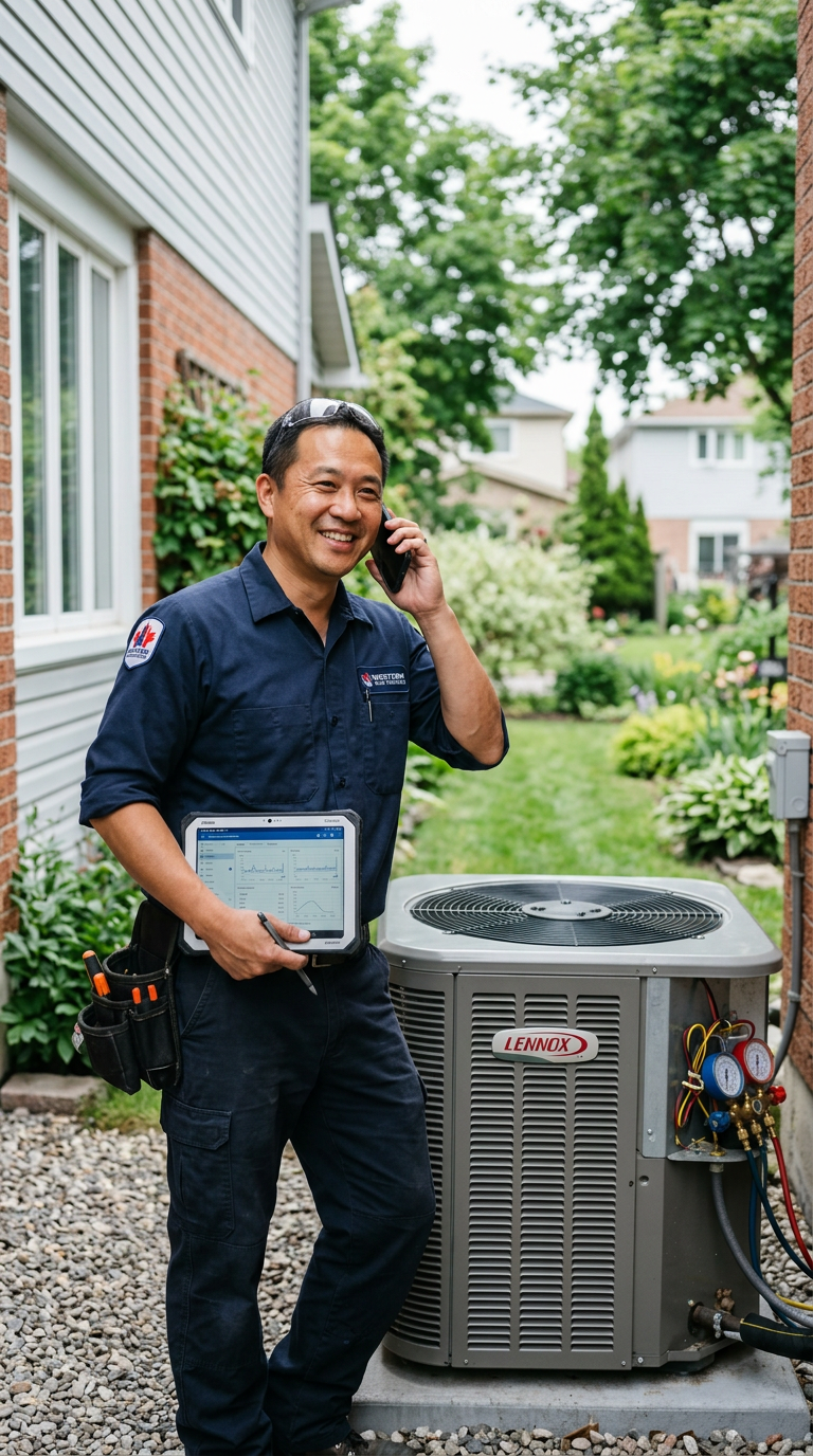 HVAC technician beside an outdoor condenser, taking a call on his phone